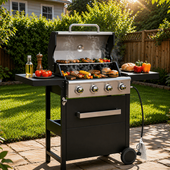 SEGMART 4 Burner BBQ Propane Gas Grill, Stainless Steel 36,000 BTU Patio Garden Barbecue Grill with Folding Side Tables, Hanging Basket & Thermometer, Perfect for Camping, Outdoor Cooking
