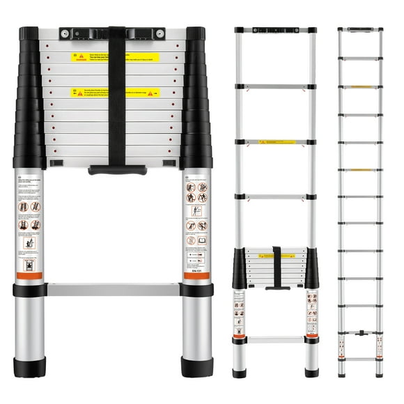 KFFKFF 12.5FT Telescoping Ladder 375lbs Load Capacity Aluminum Telescopic Extension Ladder, Multi-purpose Collapsible Ladder for RV, Home or Outdoor Work