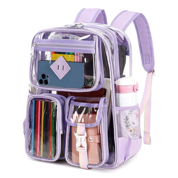 Sanmadrola Large Clear Backpack Heavy Duty Stadium Approved See Through Backpack Waterproof PVC Transparent Backpacks Clear Book Bag with Reinforced Strap for School Work Travel Festival, Purple