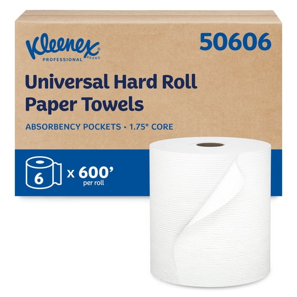 Kleenex Universal Hard Roll Paper Towels, Bulk (50606), Hardwound 1.75" Core, Premium Absorbency Pockets, White, (600'/Roll, 6 Rolls/Case, 3,600'/Case)