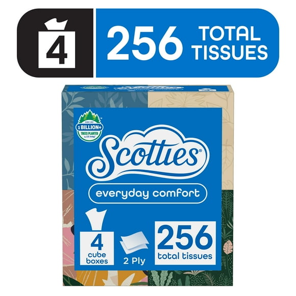 Scotties Everyday Comfort Facial Tissues 2-Ply Cube Boxes 4 Pack (256 Total Tissues)