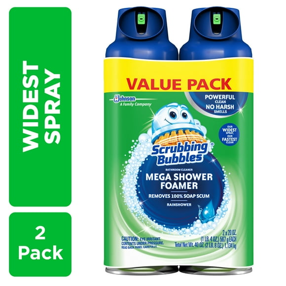 Scrubbing Bubbles Mega Shower Foamer Aerosol, Tough Foaming Bathroom, Tile, Shower & Tub Disinfectant Cleaner, Rainshower, 20 oz, 2 Pack