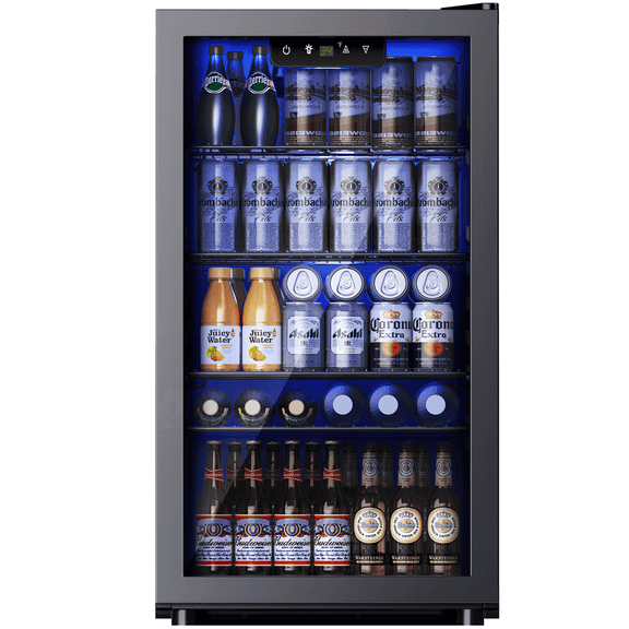 Simzlife 130 Can Beverage Refrigerator with Glass Door for Home, 17.3 in D, 31.3 in H, Black