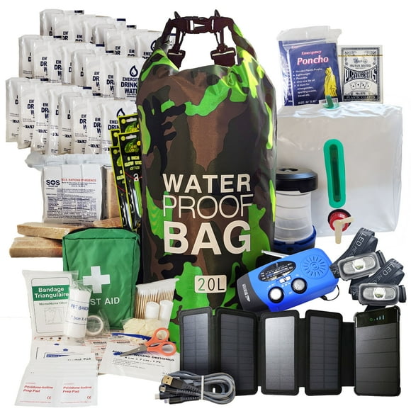 Sirius Survival Pre-Packed Hurricane Kit - Comprehensive Hurricane Preparedness Items - Essential Hurricane Supplies - Complete Hurricane Supply List in a Waterproof Bag for 2 People - Green Camo