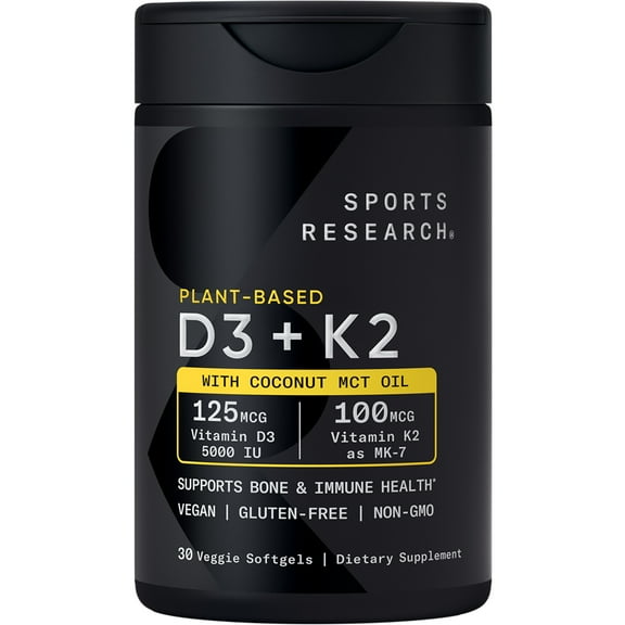 Sports Research Vitamin D3 + K2 with 5000iu of Plant-Based D3 & 100mcg of Vitamin K2 as MK-7 | Non-GMO Verified & Vegan Certified (30ct)