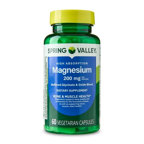 Spring Valley Magnesium Sleep Support Bone & Joint Health Dietary Supplement Vegetarian Capsules, 200 mg, 60 Count