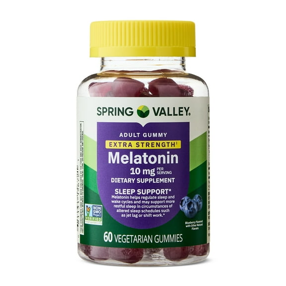 Spring Valley Non GMO Melatonin Sleep Support Dietary Supplement Gummies, Blueberry, 10 mg, 60 Count