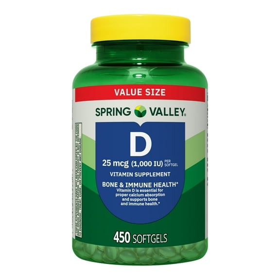 Spring Valley Vitamin D3 Softgels, 25 mcg (1000 IU), 450 Count, Supplement for Bone and Immune Health