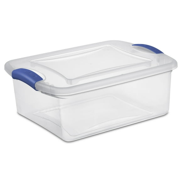 Sterilite 15 Quart Small Latching Storage Bin, Clear Plastic Storage Container with Latch Lid, Blue