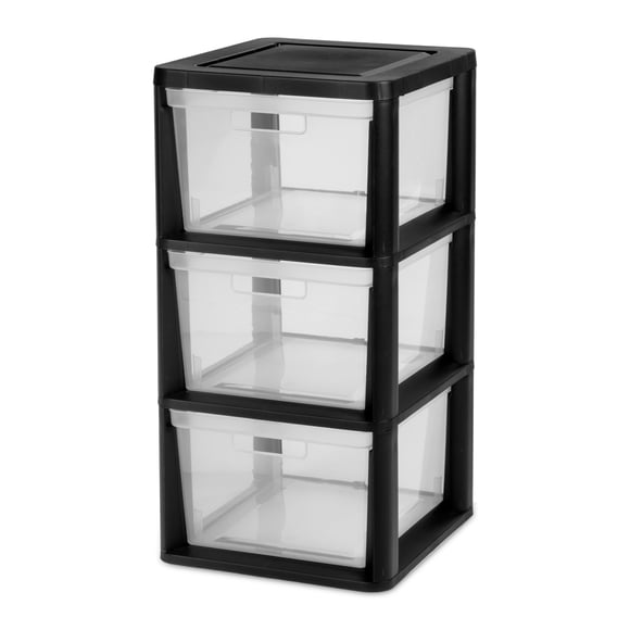 Sterilite 3 Drawer Tower, Plastic Storage Organizer with Removable Clear Bins, Easy to Assemble - No Tools Needed, Black