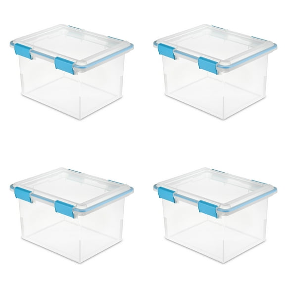Sterilite Gasket Box, 32 Quart Clear Weather-Resistant Plastic File Storage Bin with Gasket Seal and Latch Lid, Blue, 4 Pack
