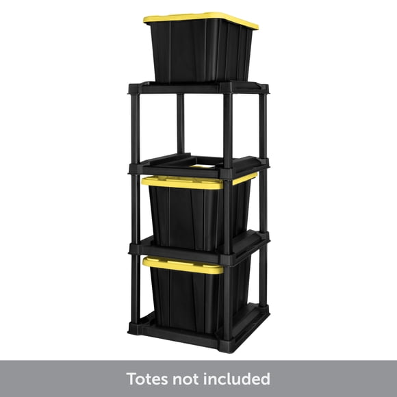 4 Tier Tote Rack, Holds Four 27 Gallon Industrial Storage Totes, Heavy Duty Plastic Garage Storage Organizer, Vertical Easy-Access No-Stacking Design, Black