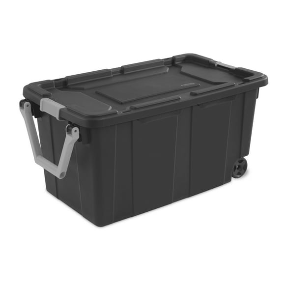 Sterilite 40 Gallon Extra-Large Wheeled Industrial Storage Bin, Rugged Plastic Storage Container with Latch Lid and Pull Handle, Gray