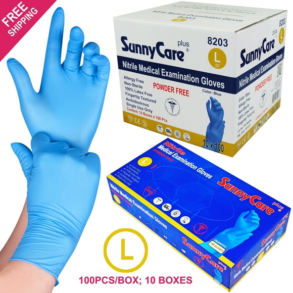 SunnyCare Powder Free Nitrile Disposable Gloves Box, Blue, L, 100 Count, 10 Pack