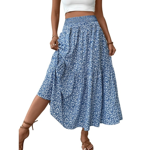 TEMOFON Womens Maxi Skirt Tiny Floral Casual Elastic Waist Ruffled Hem Ladies Summer A-Line Long Skirts