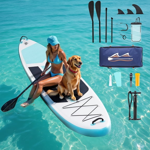 TINKLE WELL Inflatable Stand Up Paddle Board (SUP) Kit, Ultra-Stable Wide Design w/Non-Slip Deck & 2-in-1 Adjustable Paddle, Complete Set for Beginners/Experts, Youth & Adults, Blue