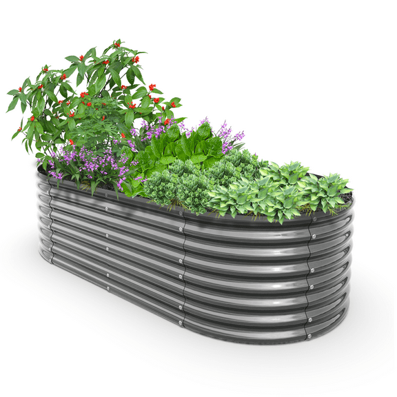 TRAMULL 8X4X2ft Galvanized Raised Garden Bed, Oval Above Ground Modular Metal Outdoor Planter Boxes(Quartz Grey)