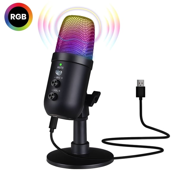 Atzeste USB Microphone, Computer Condenser Gaming Mic for PC/Laptop/PS4/5, Headphone Output, Volume Control, USB Type C Plug and Play, LED Mute Button, for Streaming, Podcast, Studio Recording