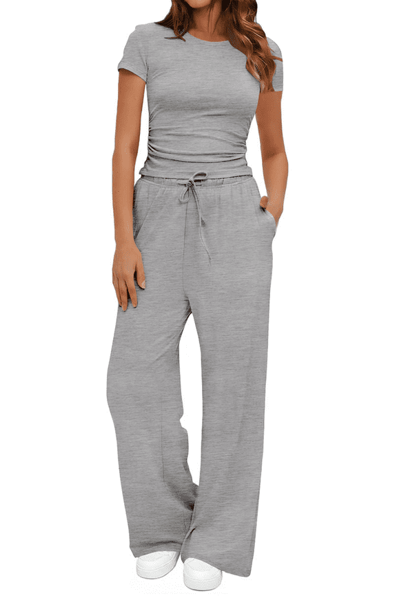 Summer 2 Piece Outfit Set for Women Ruched Short Sleeve Tops and Wide Leg Pants with Pockets Casual Tracksuit Sets Ladies Loungewear
