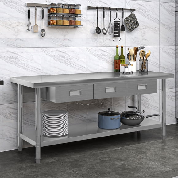 Uforic 72" x 24" Stainless Steel Work Table with 3 Drawers, Adjustable Storage Shelf, Heavy-Duty NSF Prep Table for Kitchen, Restaurant