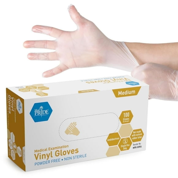 MEDPRIDE Disposable Vinyl Clear Examination Gloves, Latex & Powder Free, Medium, 100-Count  Durable Cleaning Gloves