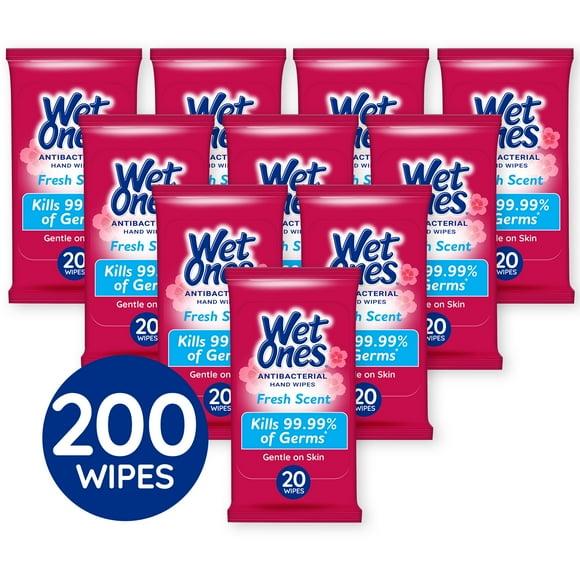 Wet Ones Antibacterial Fresh Scent Hand Wipes 20 Ct Travel Pouch, Pack of 10 (200 Wipes Total), Hypoallergenic, Kills Germs, Leaves Hands Feeling Clean