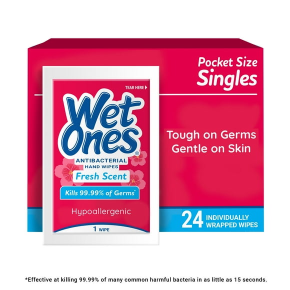 Wet Ones Antibacterial Hand Wipes, Fresh Scent, 24 Ct Individually Wrapped Hand Wipes