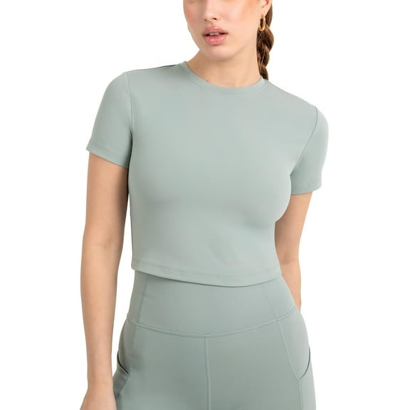 YITTY Active Women's UltraLuxe Essential Crop Tee, Athleisure, 4-Way-Stretch, Sage Grey, M