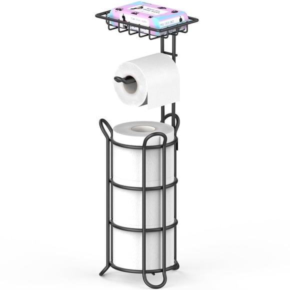 stusgo Inserted Tube Upgraded Toilet Paper Holder Free Standing, Paper Roll Dispenser with Top Storage Shelf for Bathroom-Black
