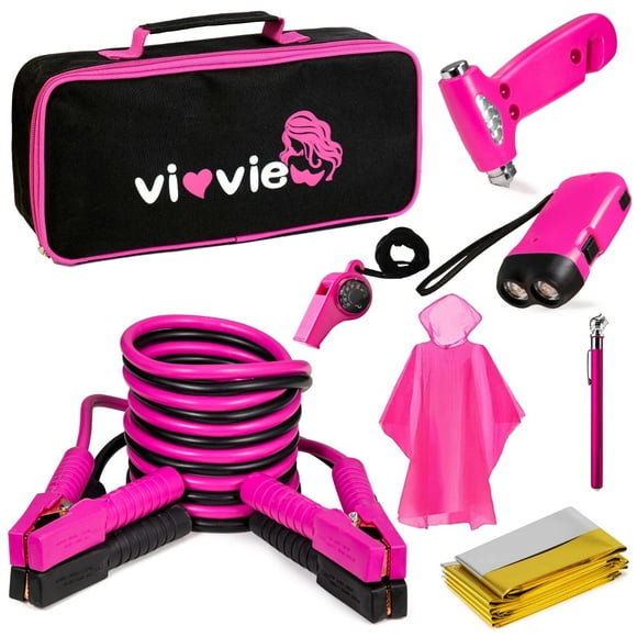 vioview Roadside Emergency Car Kit, Pink Car Emergency Kit with Jumper Cables (10 Foot), Auto Vehicle Safety Road Side Assistance Kits for Teen Girls and Women's Gifts